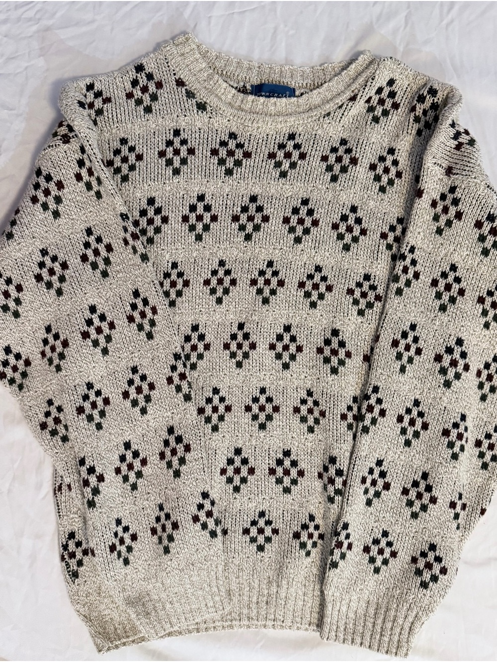 Vintage-Inspired Cream Patterned Knit Sweater